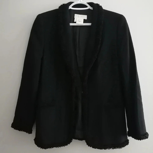 Vintage 80s Escada Black New Wool Longline Button Blazer w Fuzzy Trim GE 38 S/M - Picture 4 of 17